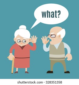 Senior couple - speaking old man and hard of hearing woman holding hand to her ear. Vector art, flat design on isolated background. Could be used as illustration of deaf problem, hearing loss, aging.