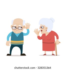 Una pareja mayor -una anciana que habla y un hombre duro de escuchar que le dan la mano a su oído. Arte vectorial, diseño plano sobre fondo aislado. Podría utilizarse como ilustración de problemas de sordos, pérdida de audición, envejecimiento.