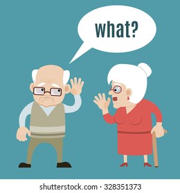 Una pareja mayor -una anciana que habla y un hombre duro de escuchar que le dan la mano a su oído. Arte vectorial, diseño plano sobre fondo aislado. Podría utilizarse como ilustración de problemas de sordos, pérdida de audición, envejecimiento.