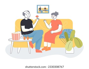 Senior couple spending time together vector illustration. Elderly man and woman sitting on couch with popcorn, same partner throughout years. Monogamy, marriage, relationship concept
