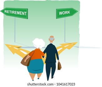 Senior couple standing at the crossroad between retirement and continuing working, EPS 8 vector illustration

