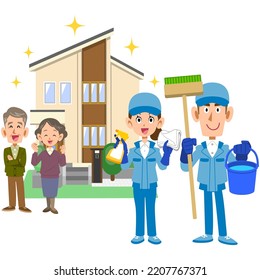 A senior couple standing in front of a house and a man and woman wearing work clothes with cleaning tools