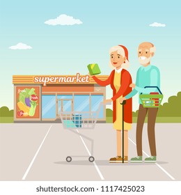 Senior couple standing in front of a supermarket building with purchases, people shopping concept vector Illustration