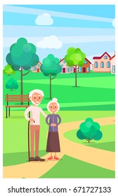 Senior couple standing on path in urban public park in summer time vector poster. People relaxing outdoors with trees and buildings on background