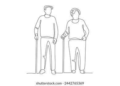 Senior couple standing using canes.Seniors Community one-line drawing