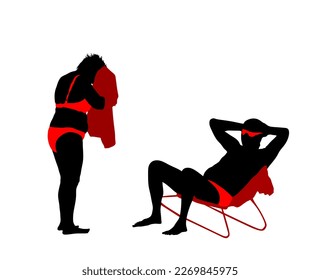 Senior couple sunbathing beach enjoy vector silhouette illustration. Mature woman dries with towel after swimming. Tourist in swimwear bikini. Skin care. Lady wiped off. Old man sitting in beach chair
