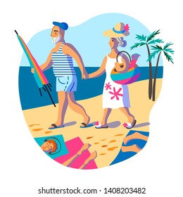 Senior couple sunbathing on beach illustration. Tanned holidaymakers relaxing on sea resort. Elderly wife and husband on honeymoon holiday flat vector characters. People on summer vacation