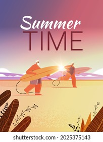 senior couple with surf boards aged man woman surfers holding surfboards summer vacation active old age concept