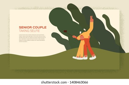 senior couple taking selfie in the park - flat vector character illustration
