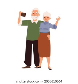 Senior couple taking selfie with smartphone, flat vector illustration isolated on white background. Elderly people using mobile and internet communication technology.