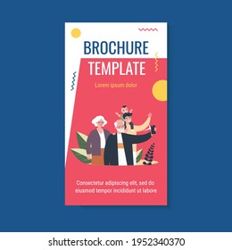 Senior couple taking selfie with son and grandson. Man and kid visiting grandparents flat vector illustration. Family, photography concept for banner, website design or landing web page