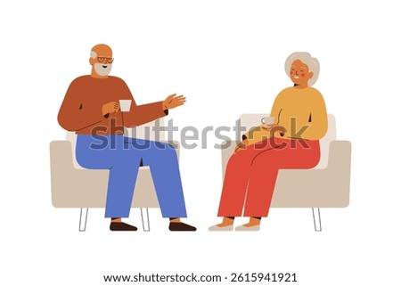 senior couple talking over a cup of tea sitting in armchairs. grandpa and grandma spending time together in conversation at home. communication and support for elderly people.