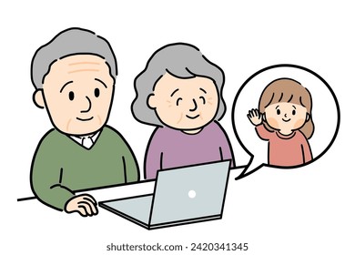 Senior couple talking remotely with their girl grandchild.