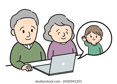 Senior couple talking remotely with their boy grandchild.