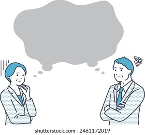 A senior couple talks with a troubled expression. Upper body vector illustration material of men and women