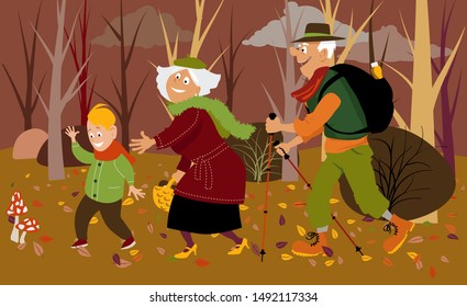Senior couple with their grandson in the forest in fall mushroom picking, EPS 8 vector illustration