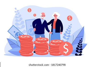 Senior couple with their savings. Old man and woman standing at heap of cash flat vector illustration. Money, retirement, finance concept for banner, website design or landing web page