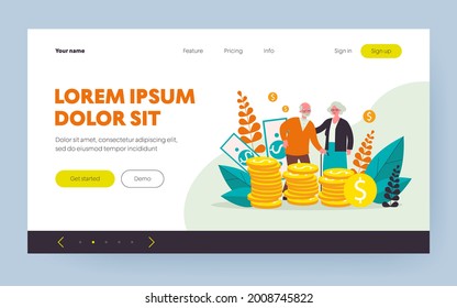 Senior couple with their savings. Old man and woman standing at heap of cash flat vector illustration. Money, retirement, finance concept for banner, website design or landing web page