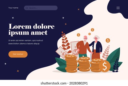 Senior couple with their savings. Old man and woman standing at heap of cash flat vector illustration. Money, retirement, finance concept for banner, website design or landing web page