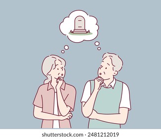 Senior couple thinking about  funeral. Hand drawn style vector design illustrations.