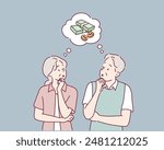 Senior couple thinking about money. Hand drawn style vector design illustrations.