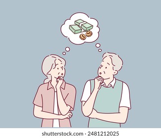 Senior couple thinking about money. Hand drawn style vector design illustrations.