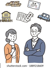 Senior couple thinking about multiple inheritances.The characters in the illustration are written in Japanese as "will" and "stock certificate".