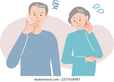 A senior couple tilting their heads in doubt.The background is transparent.