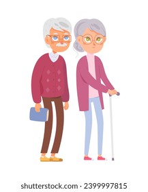 Senior couple together vector illustration. Grandfather and grandmother , elderly beautiful woman in purple jacket with cane and old grey-haired man isolated on white background.