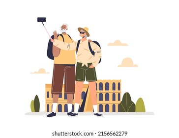 Senior couple of tourists making selfie photo travelling on vacation. Older man and woman together visit sightseeing. Aged male and female on trip after retirement. Cartoon flat vector illustration