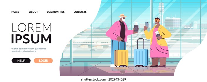 senior couple of tourists using smartphones grandparents with luggage passports and tickets ready to boarding at airport