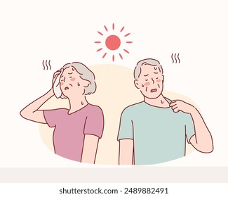 Senior couple with towel suffering from heat stroke outdoors. Hand drawn style vector design illustrations.