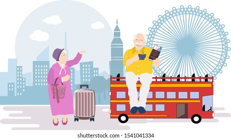 Senior  couple travel around the world,Elderly time to follow the dream design for website, banner, infographic, ui, ux, website or publisher, flat vector, easy to adjust color.