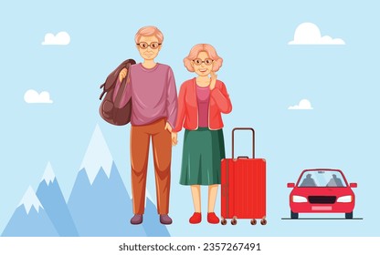 Senior couple travel cartoon illustration. 