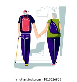 Senior couple travel. Elder active man and woman with backpacks walking city having tour together after retirement. Aged male and female travelers. Vector illustration