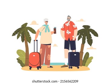 Senior couple travel on seaside vacation. Older man and woman together on exotic tropical sea resort. Aged male and female on trip after retirement. Cartoon flat vector illustration