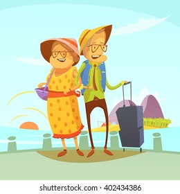  Senior couple traveling background with suitcase and sights cartoon vector illustration 