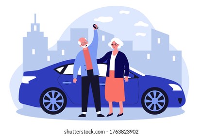 Senior couple travelling by car. Old man and woman buying or renting automobile flat vector illustration. Driving, urban transport, car sharing concept for banner, website design or landing web page