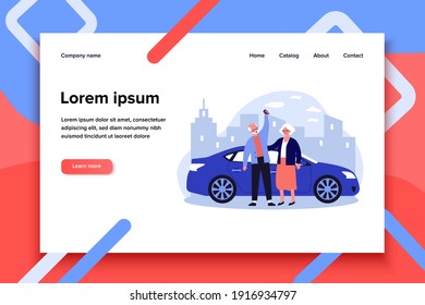 Senior couple travelling by car. Old man and woman buying or renting automobile flat vector illustration. Driving, urban transport, car sharing concept for banner, website design or landing web page