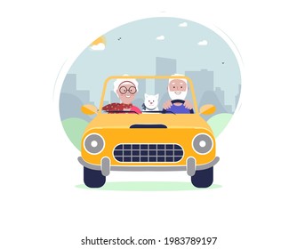 Senior couple travelling by car with cat, and cityscape on the background. Vacation trip. Senior active lifestyle concept. Vector flat illustration
