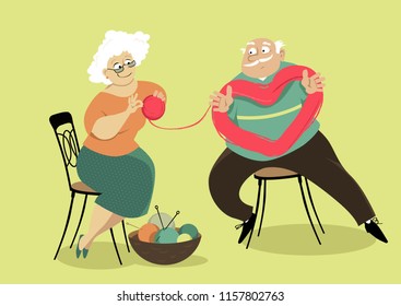 A senior couple untangling a skein of yarn in a shape of heart, EPS 8 vector illustration