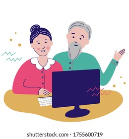 Senior Couple Using Computer At Home. Grandparents Watch The News On A Pc. Old Men Smile, Rejoice. A Contemporary Flat Vector Design. Colorful Stock Illustration Isolated On A White Background.