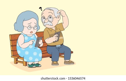 senior couple using and confuse about smartphone.  technology, age and people concept. vector illustration isolated cartoon hand drawn background