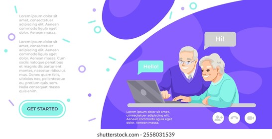 Senior couple using laptop with chat bubbles on purple background. Vector illustration