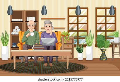 Senior couple using laptop at home illustration