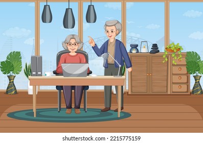 Senior couple using laptop at home illustration