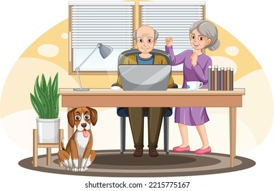 Pareja mayor que utiliza una laptop en la ilustración del hogar