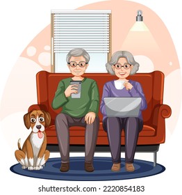 Senior couple using laptop at home illustration