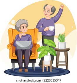 Senior couple using laptop at home illustration