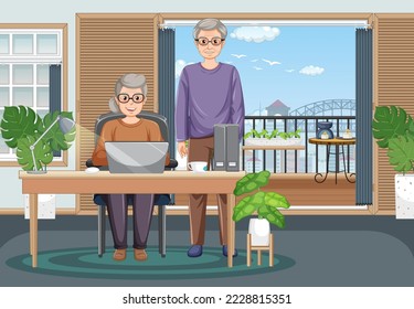 Senior couple using laptop at home illustration